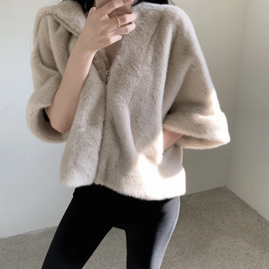 Chic Vintage con capucha piel de visón Jaet suelta versátil Plu prendas de vestir exteriores para mujeres Otoño Invierno nueva llegada fibra de poliéster