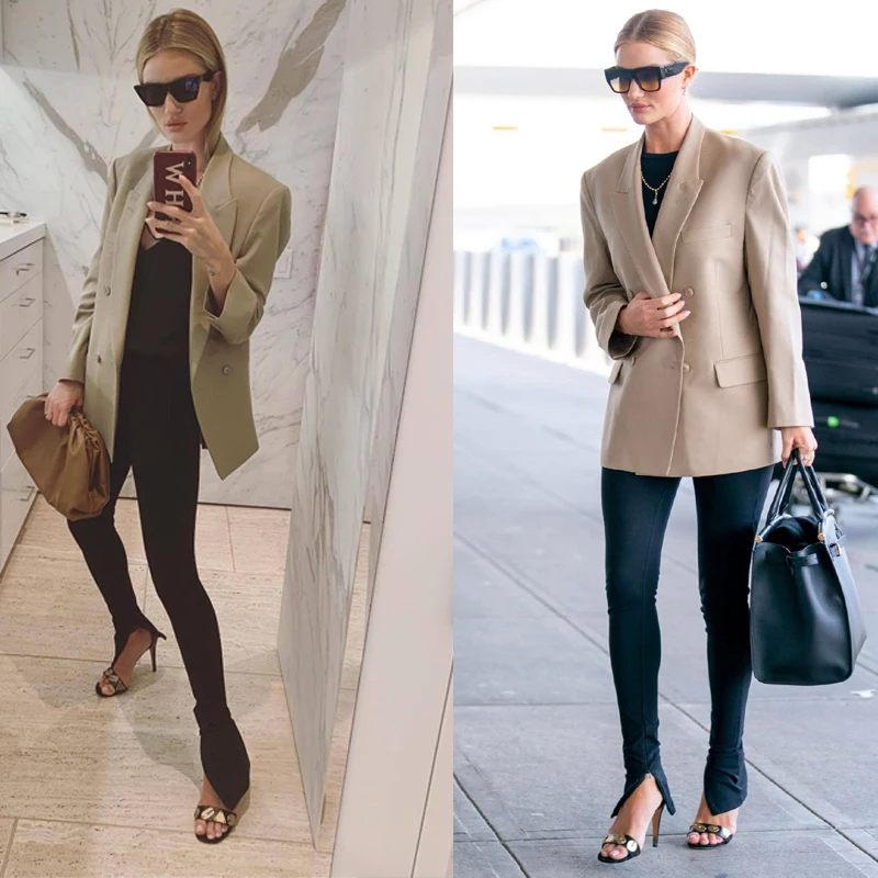 

Брюки с высокой талией, базовый стиль, с разрезами, эластичные, повседневные, качественная базовая вещь, мода весны 2024, в стиле Роузи Хантингтон-Уайтли