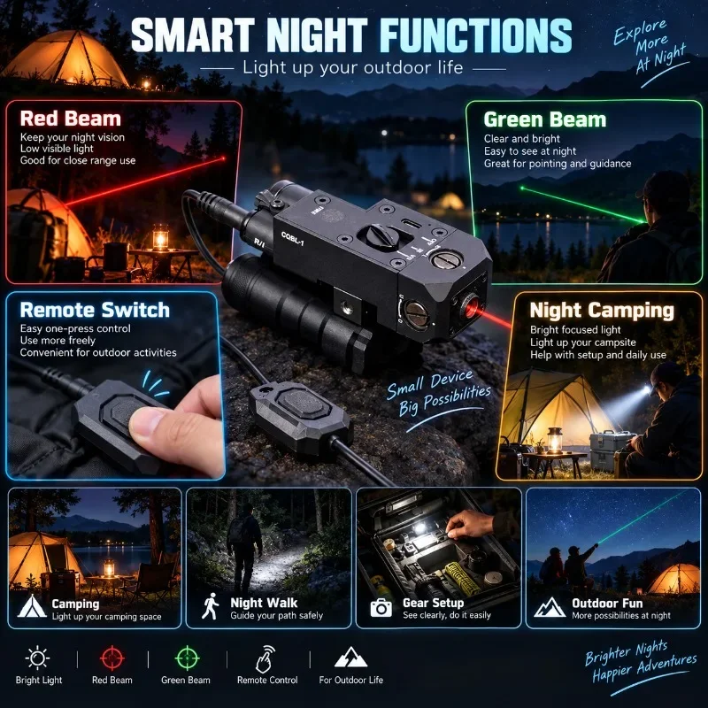 Outdoor Night Camping Dual Color Red Green Beam Light Remote Switch Bright Focus Light Adjustable Bracket