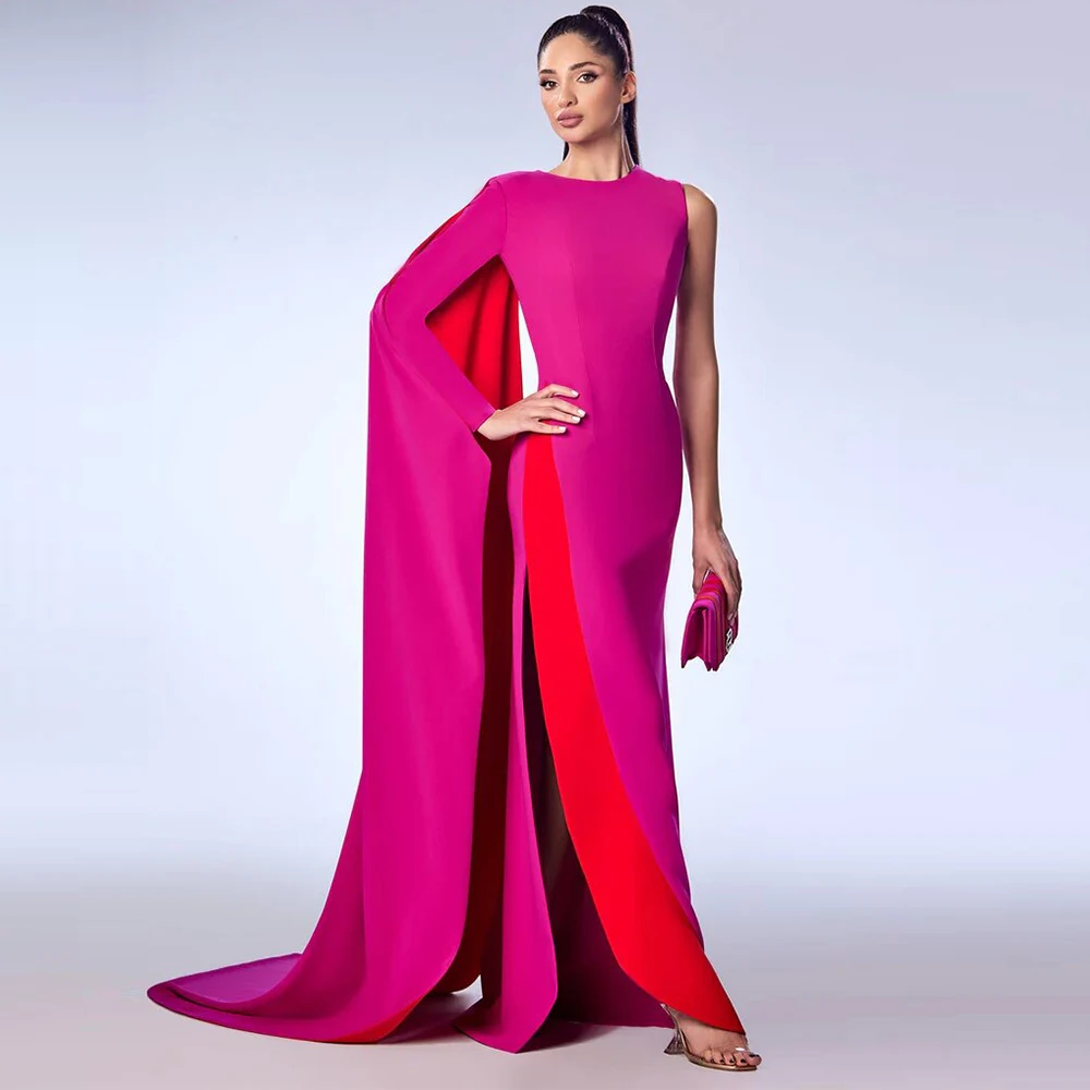 Simple Formal Dress Women Elegant Contrast Color Satin Side Fork Draped Straight Scoop Neck Long Dresses Formal Dress