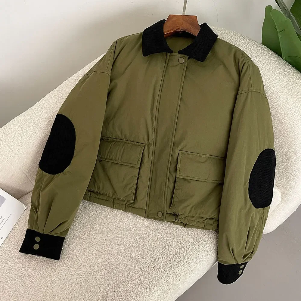 2024 Autumn Winter New Lapel Short Down Jacket Women Warm Casual Coat 90% White Duck Down Filled Thickened Contrast Color Jacket