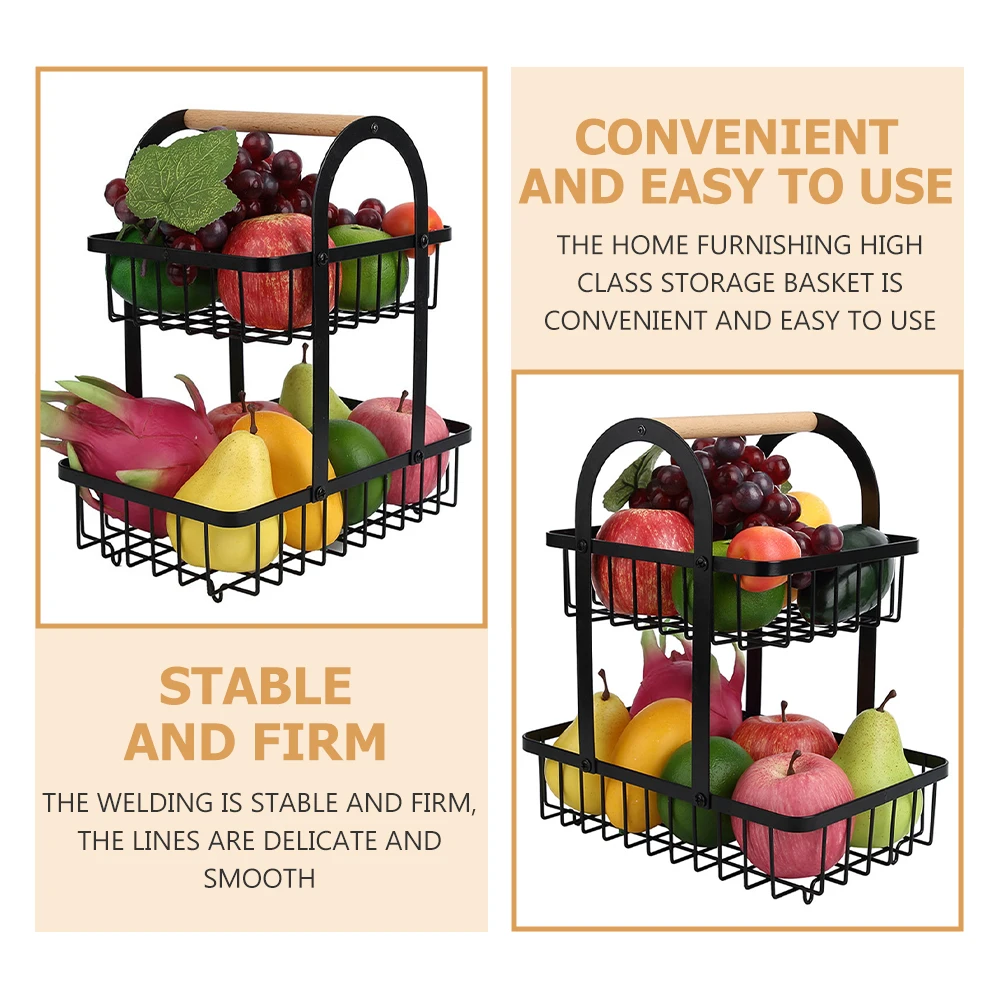 

Double Layer Wrought Iron Basket Storage Rack Black Detachable Multi function Kitchen Supplies Holder Fruit Accessory Household