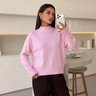 Women Half Turtleneck Knit Sweater Loose Long Sleeve Ribbed Cuff Casual Warm Pullover Jumper for Autumn