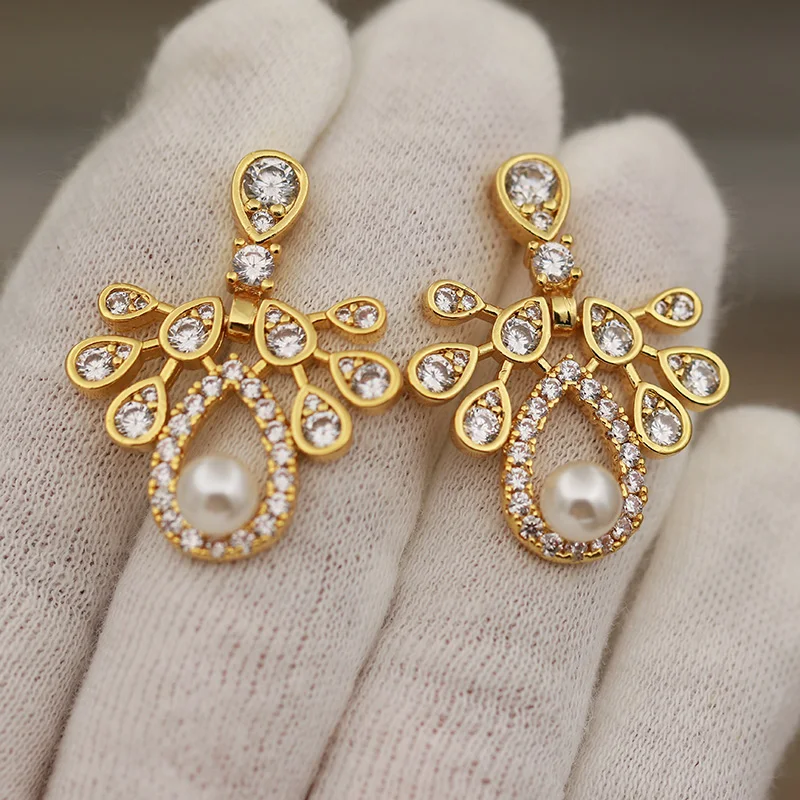 New Sight Design Luxury Crystal Waterdrop Stud Earrings for Women Fashion Brand Jewelry Delicate Zirconia Pearl Beads Earrings