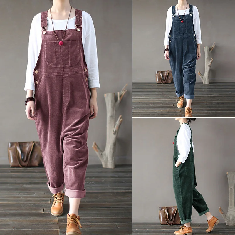 

Winter Corduroy Jumpsuit Women Casual Wide Leg Overalls Solid Loose Sleeveless Wide Leg Jumpsuit Plus Size 5XL