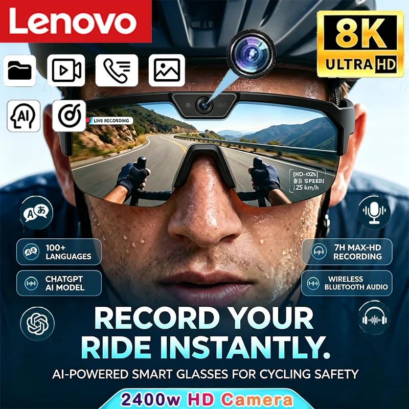 Lenovo 2400w Camera AI ChatGPT Smart Glasses 1080P Video Photo Anti-shake Cycling Sport Sunglasses DualMic 32GB Windproof Goggle