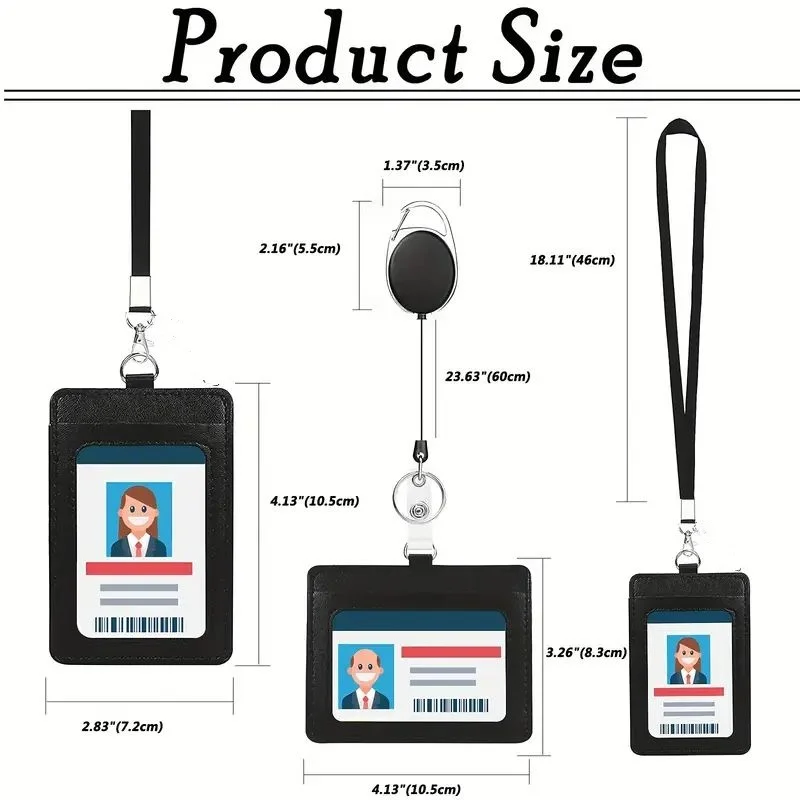 ID card case PU leather ID card holder with 1 transparent ID window, detachable neck strap and extendable carabiner keychain