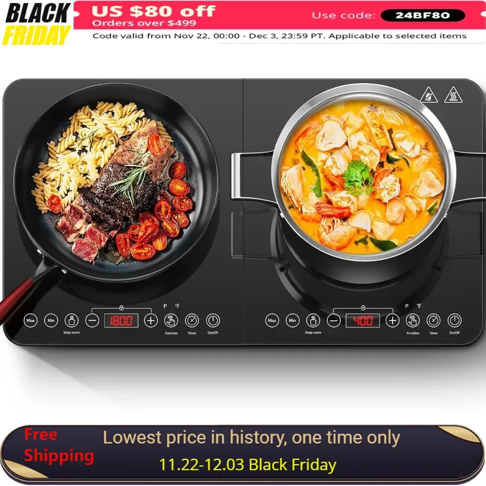 Double Induction Cooker, 1800w 2 Burner Independent Control, 10 Temperature 4Hour Timer & Safety Lock, Portable Induction Cooker