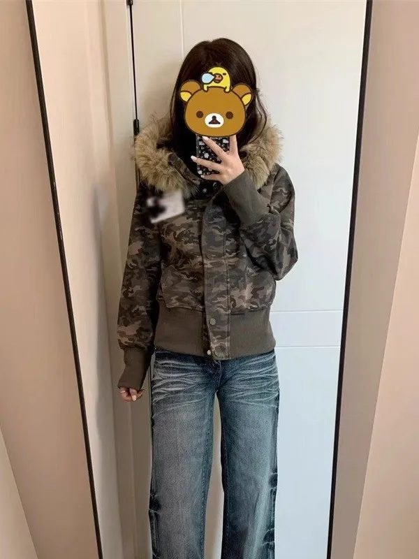 

American Retro Camouflage Detachable Fur Collar Hooded Jaet Women's Spring New Slimming Versatile ort Open Cardigan Jaet