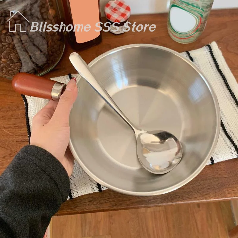 【S】Stainless Steel Instant Noodle Pot Small Pot For One Person High-value Appearance Wood Handle Snack Pot Small Cooking
