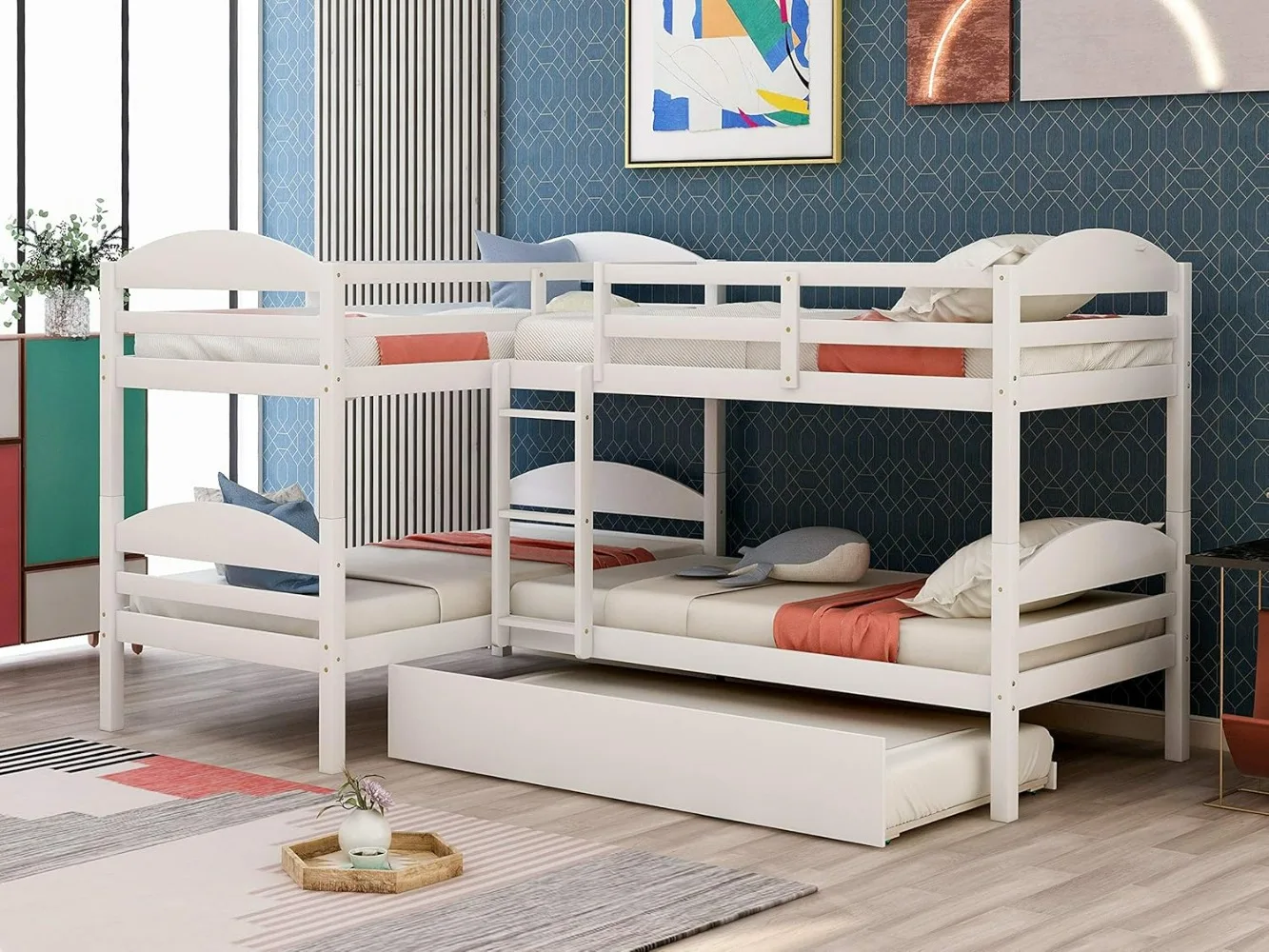 Letto a soppalco, letto a castello Quad con rotelle, letto a castello a forma di L per 4 bambini, struttura del letto a castello doppia in legno per bambini adolescenti adulti, letti