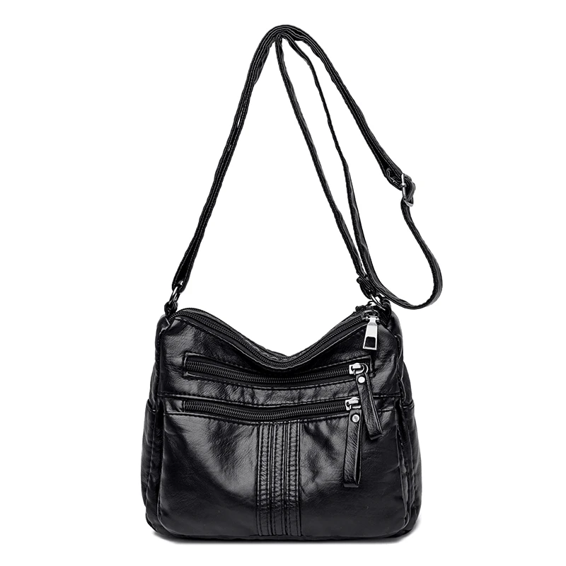 High Quality Women Soft Leather Shoulder Bag Black Crossbody Bags Casual Large Capacity Multi Pocket Wallets