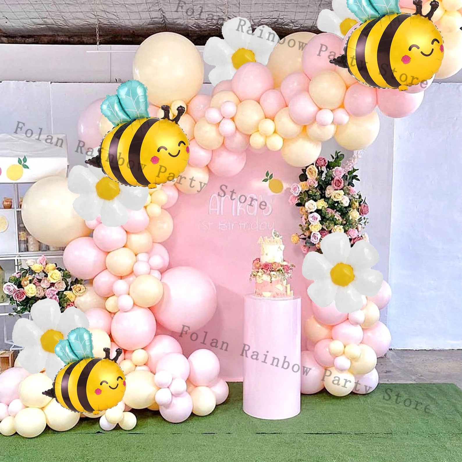 Bee Balloon and Daisy Flower Balloon Garland kit Aluminum Foil Baloon Pink Yellow Ballon for Bee Theme Birthday Party Decoration