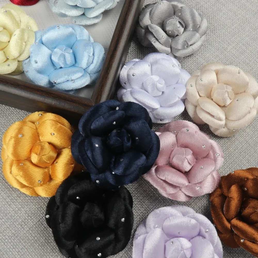 Satin Camellia Flower Embellishment Rhinestone Accents Handmade Rhinestone Flower Applique 6CM Soft Satin Flower Ornament
