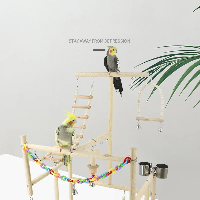 Wood Parrot Playground Bird Playstand Perchers Cockatiel Playgym With Swing Ladders Feeder Bite Toys Activity Center W178