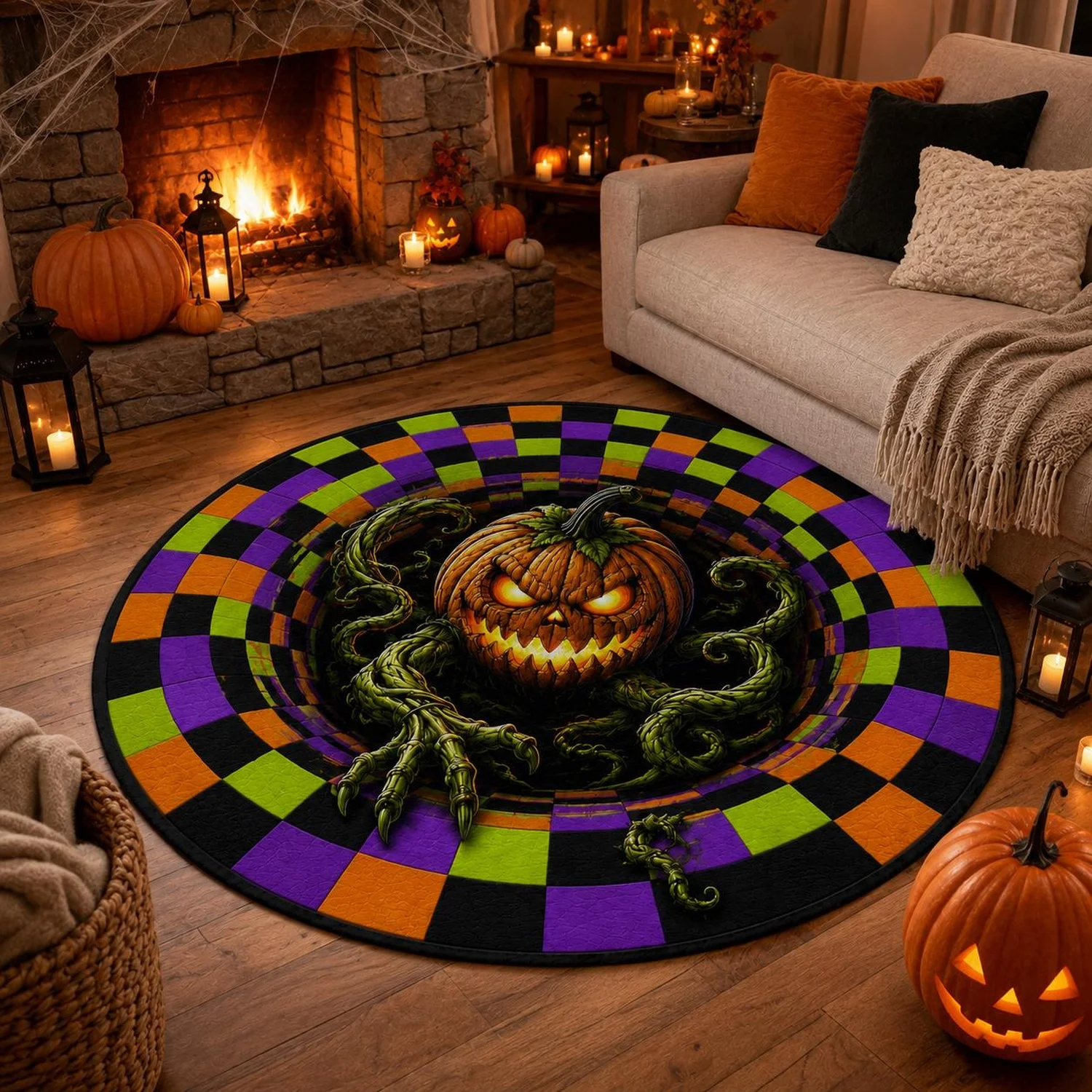 3D Illusion Halloween Carpet, Circular Optical Illusion Carpet, Horror Floor Mat, Gothic Haunted House Decoration, Halloween Gift