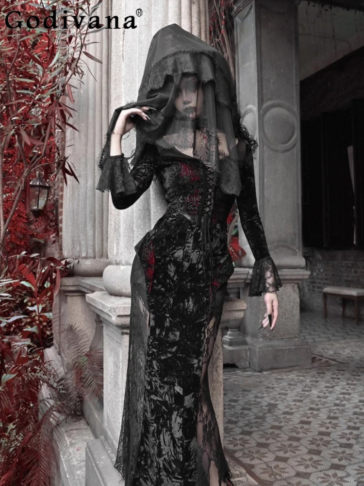 

Halloween Cos Women's Fishtail Dress Autumn French Elegant Court Style Retro Long Sleeved Dress Women Slim Fit Lace Velvet Dress
