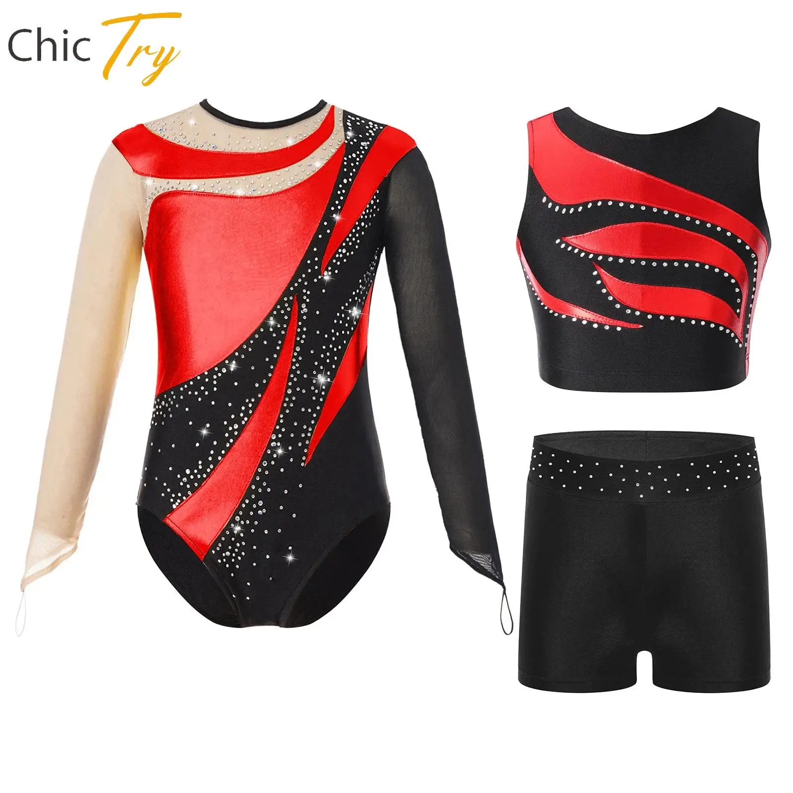 

Girls 3Pcs Gymnastics Ballet Dance Outfit Figure Skating Performance Costume Long Sleeve Keyhole Back Leotard Top Shorts Outfit