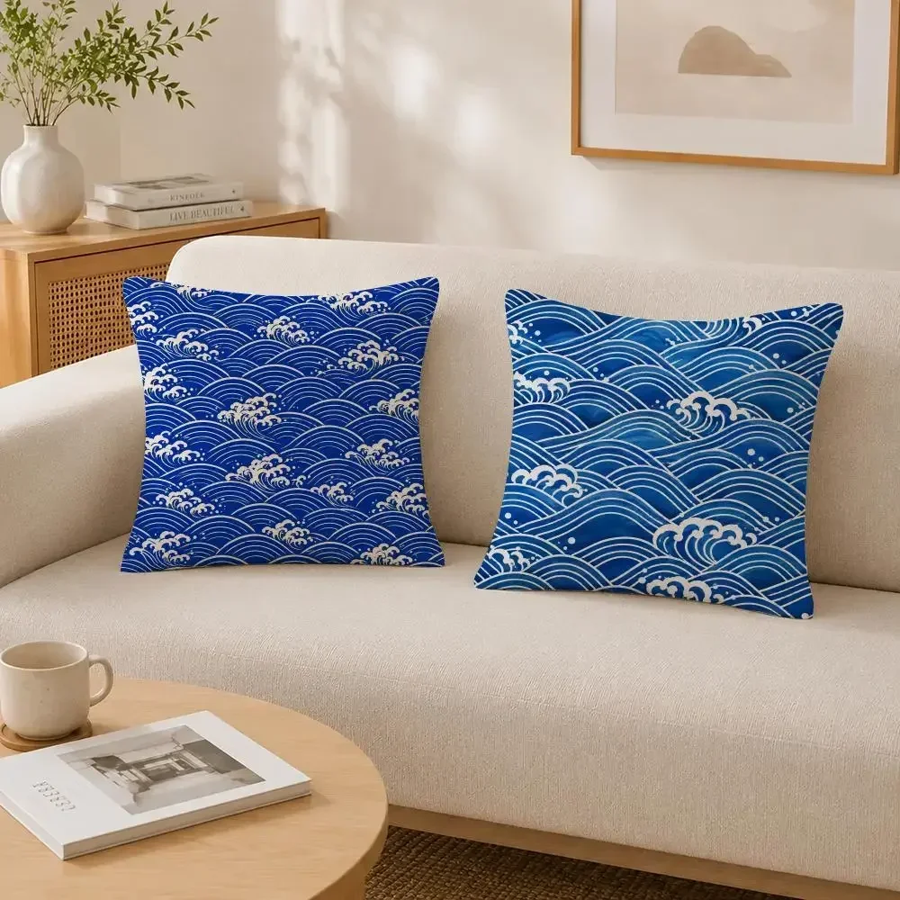 Seigaiha Ocean Wave Pattern Cushion Cover Soft Fluffy Short Plush  Pillow Case Throw Decorative  for Sofa Bedroom Home Decor