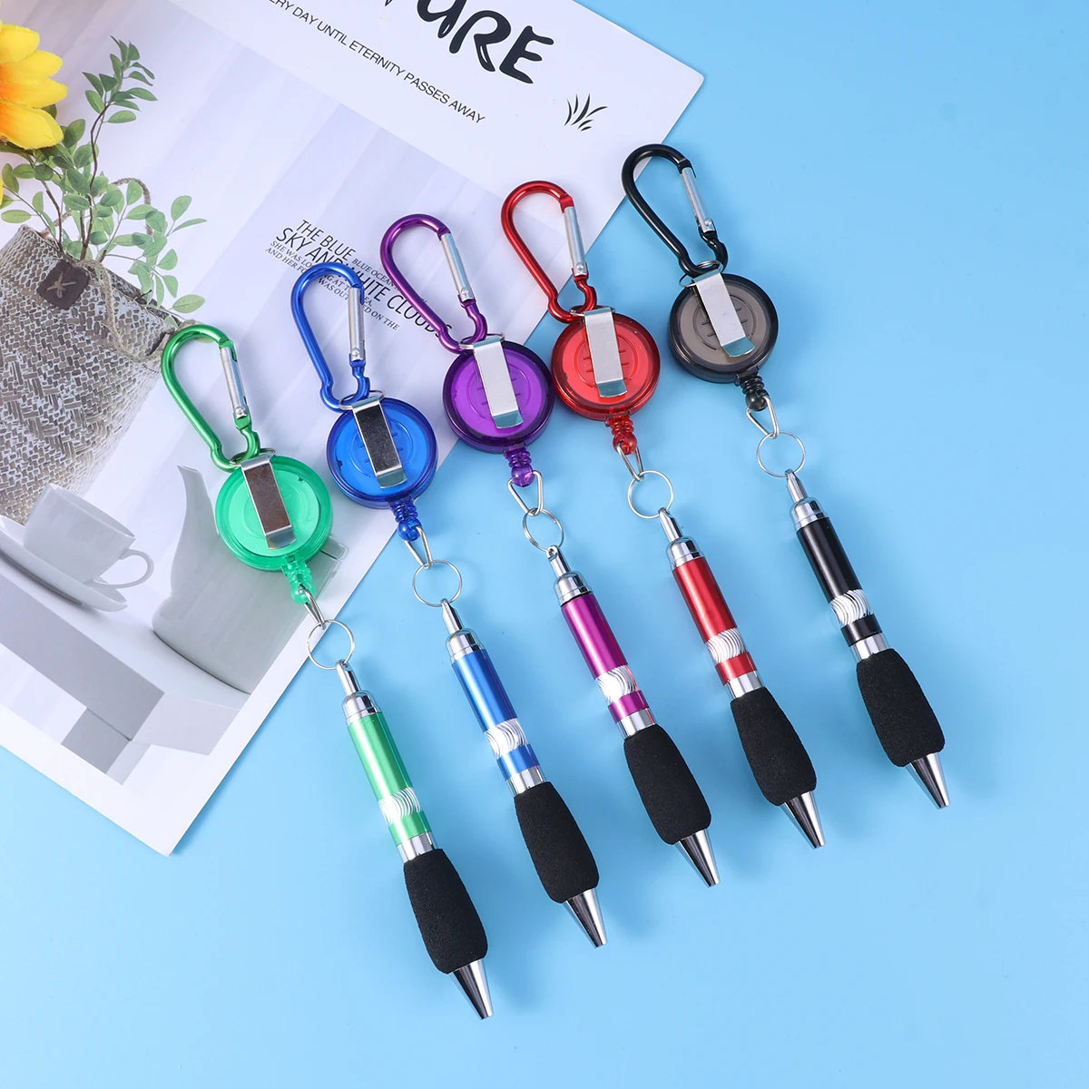 3-in-1 Handy Retractable Badge Reel Pen & Belt Clip Keychain & Carabiner - 5 pcs/set (Mixed Color)