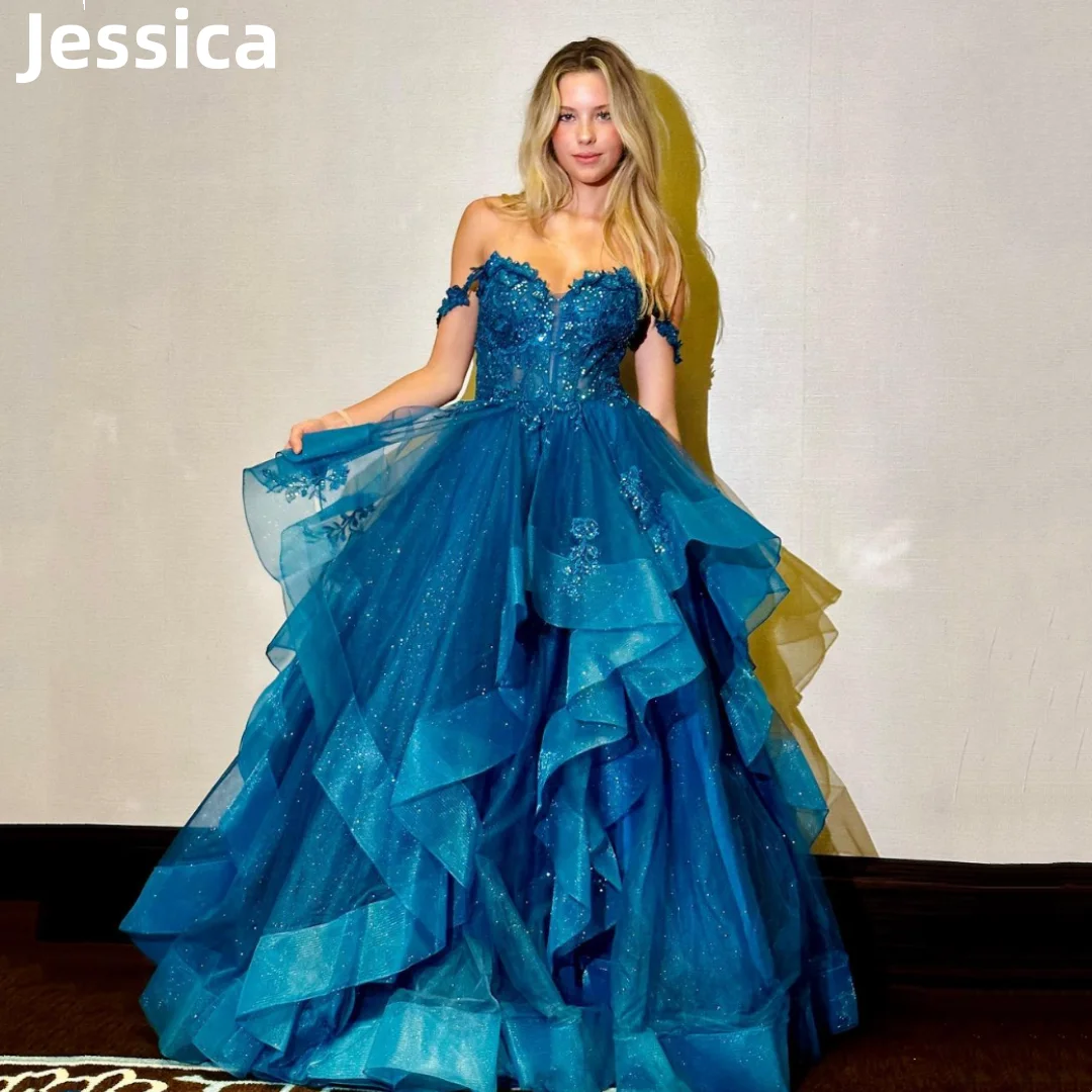 Jessica glitter rendas bordados vestidos de baile tule babados azul vestidos de noite em forma de vestidos de festa vestido de casamento