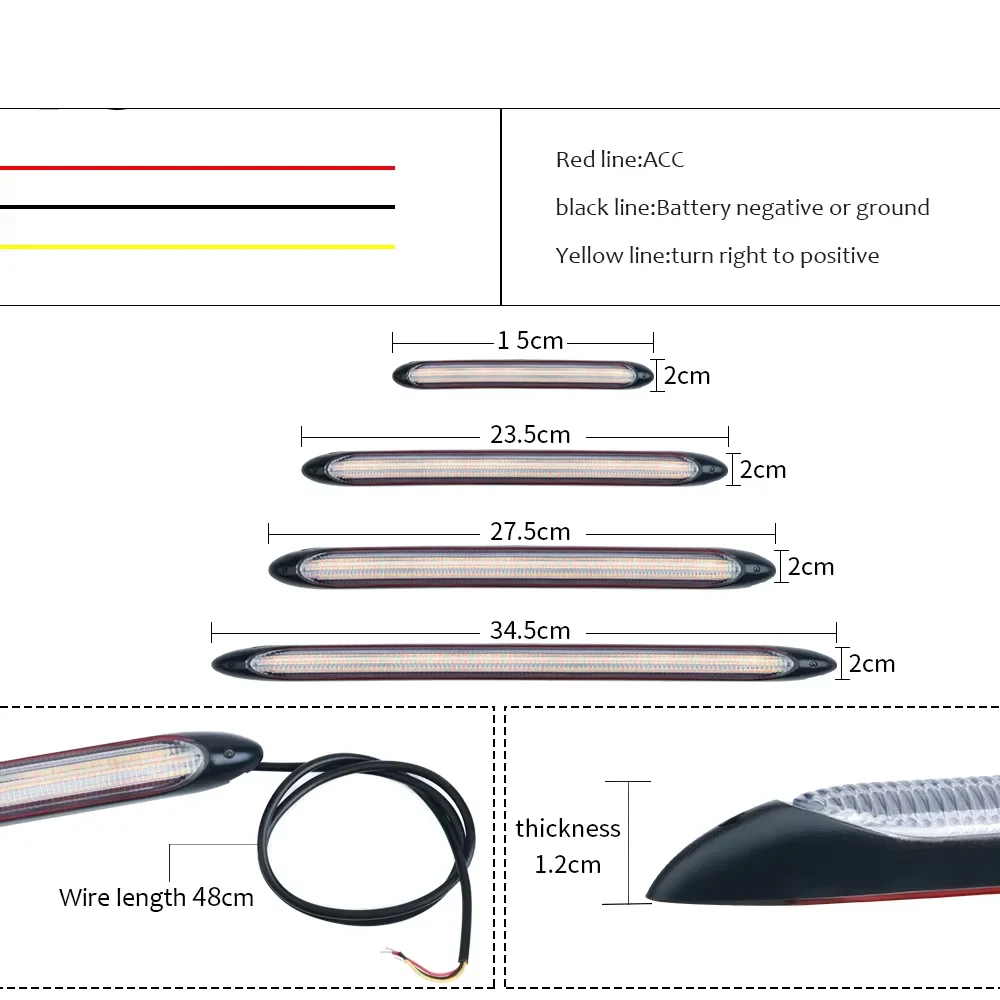 Lampu depan mobil LED DRL, Strip lampu depan mobil siang hari, lampu fleksibel tahan air, sinyal berbelok kuning, lampu aliran rem 12V 2 buah