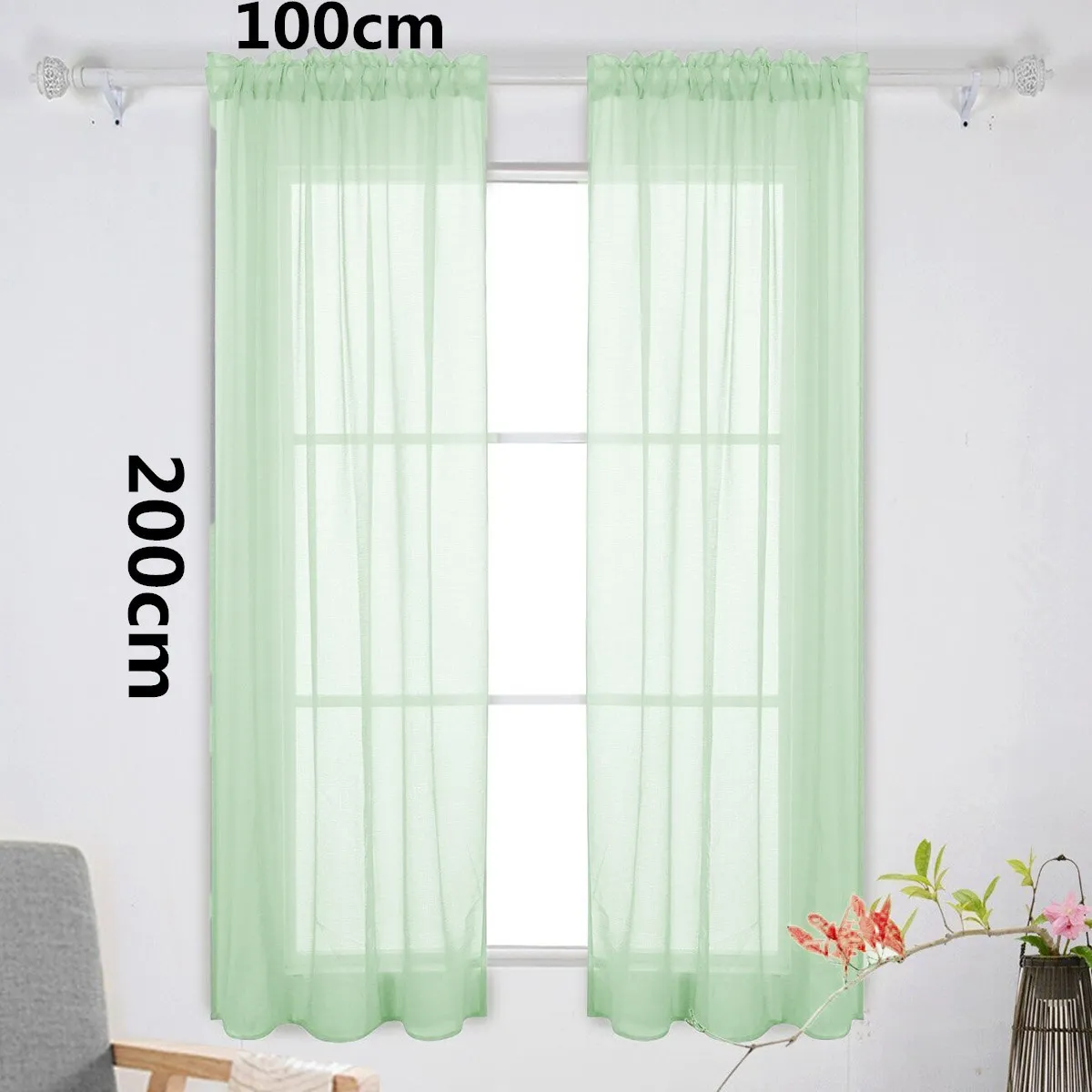 

Transparent Green Solid Color Voile Curtains 100x200cm Window Sheer Privacy Energy Efficient for Bedroom Living Room