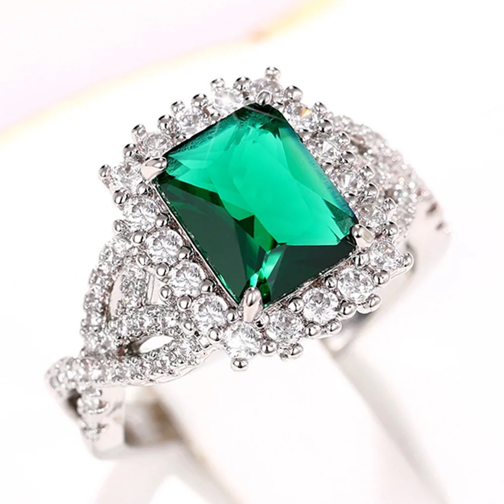 Retro Luxury Rectangle Emerald Green Gemstone Double Halo Paved 5A Zircon Twist Shank Rings for Women Engagement Wedding Jewelry