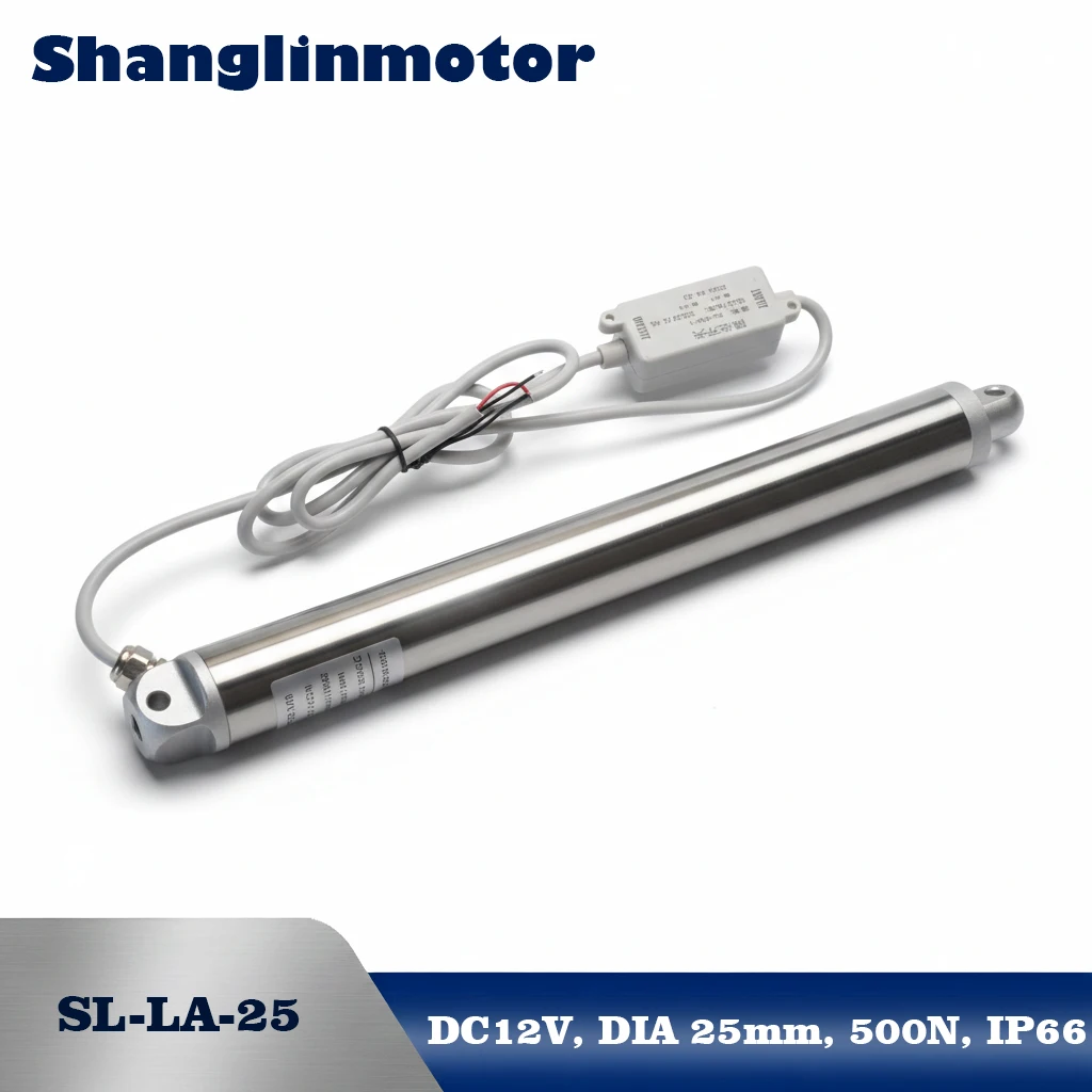 Тонкий линейный актуатор 25 мм, IP66, водонепроницаемый, морского класса, 12В, электрический телескопический стержень из нержавеющей стали, нагрузка 300Н, ход 50-350 мм
