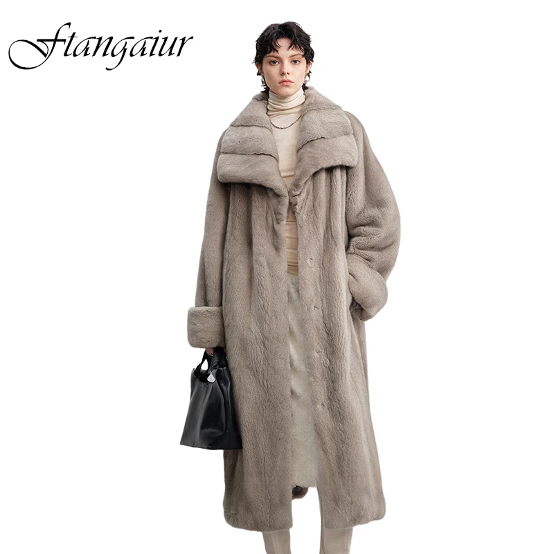 Ftangaiur New Winter Import Velvet Mink Fur Coat Big Turn-Down Collar Loose Mink Coat Women X-Long Natural Real Mink Fur Coats