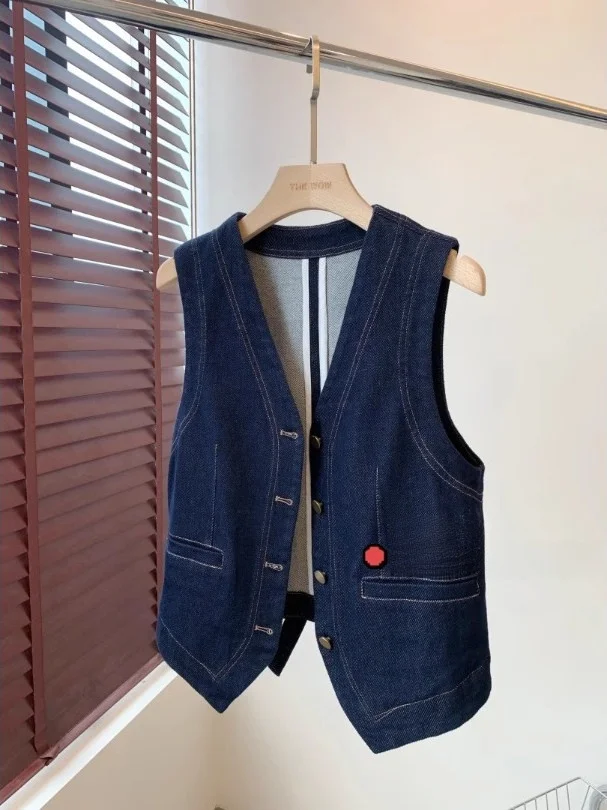 

Джинсовый шелковый жилет для похудения V-Ne, женский модный многослойный жилет обычной длины, одна пуговица