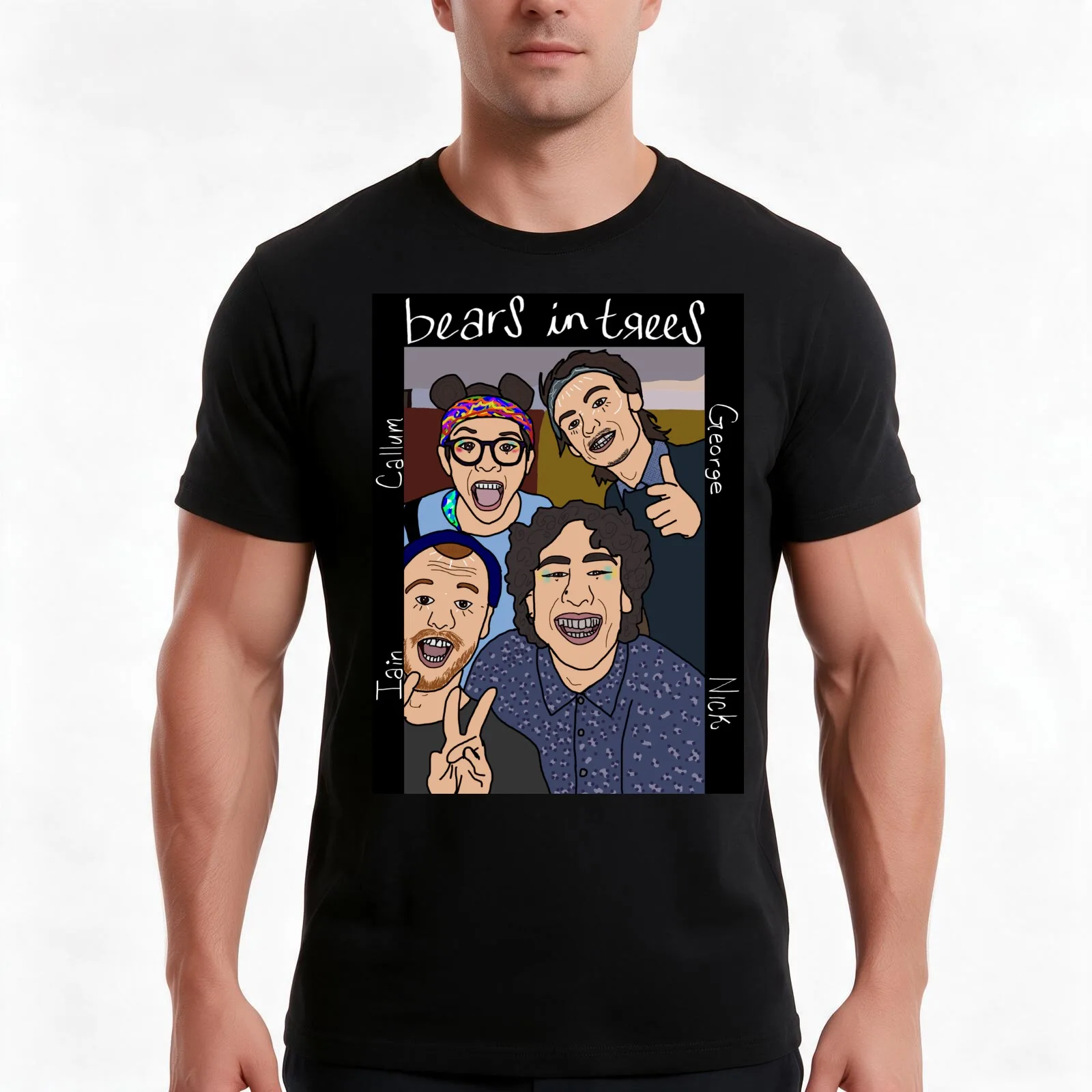 Bears in trees bois T-Shirt, Summer Casual Cotton Tee, Oversized Streetwear Tops, Vintage Graphic Print, Loose Fit Short Sleeve