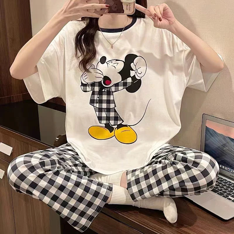 Disney Cartoon Mickey Winnie Snow White Pajamas Ladies Summer Short Sleeves Cute Pants Thin Girls Loose Homewear Pajamas Set