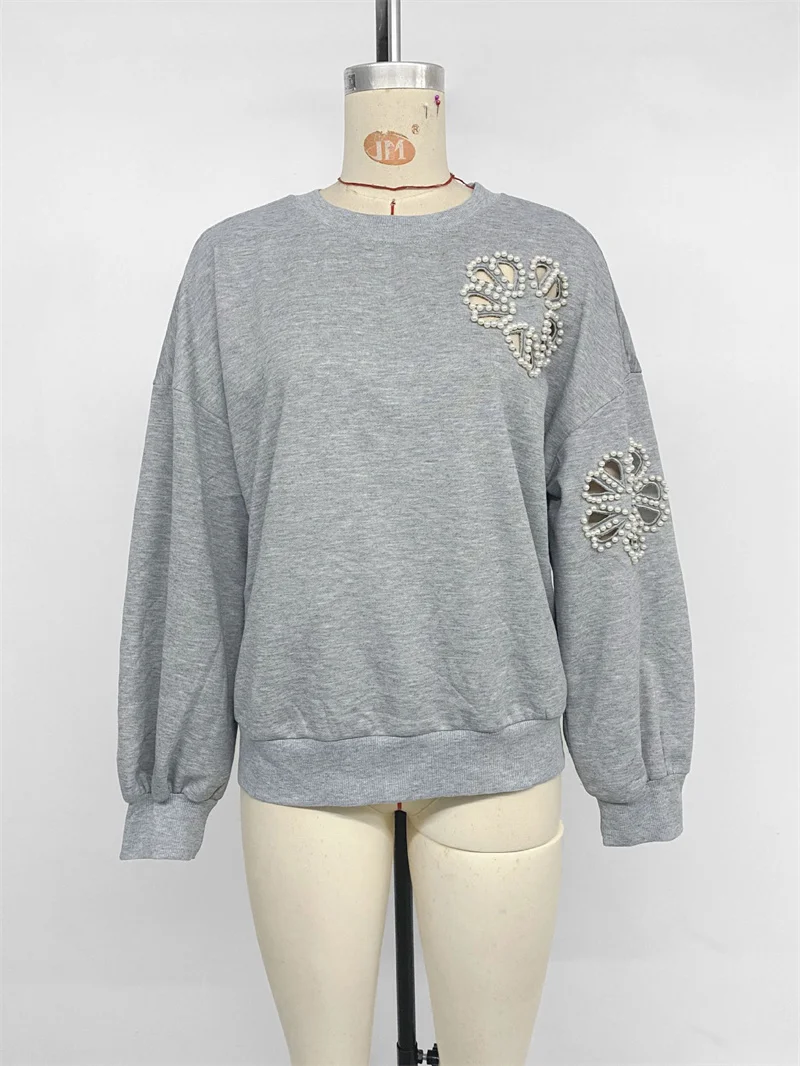 ZAROY 2025 Sweatshirts Autumn Tops Fashion Pearl Hollow Out Pullover Round Neck Long Sleeve Sportwear Casual Hoodies Sudaderas