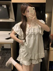 Lace Simple Plaid Solid Lovers Short Sleeved Pajama Set Kawaii Home Summer Ins Spouse Soft Plaid NightDress Women Sleep Tops