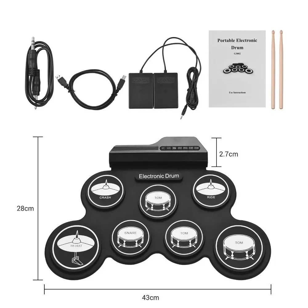 1 Box 7-Pads Electronic Drum Set with Sound Effect Pattern USB Portable Electronic Drum with Sustain Pedal for Beginner