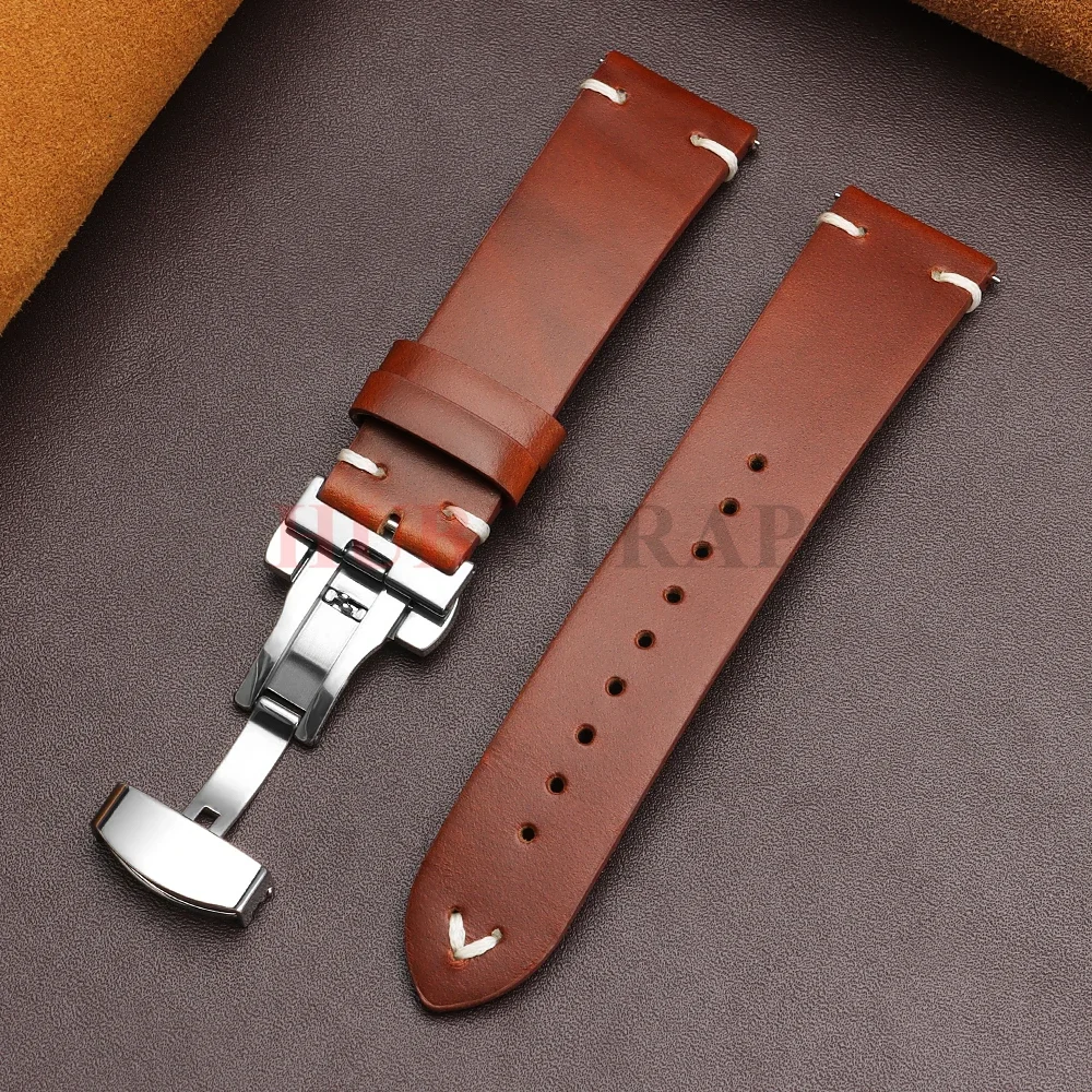 18mm 20mm 22mm Armband für Seiko Vintage Öl-Wachs-Leder Uhrenarmband Herren Damen Schmetterlingsverschluss Genähtes Rindslederband für Omega – Detail 17
