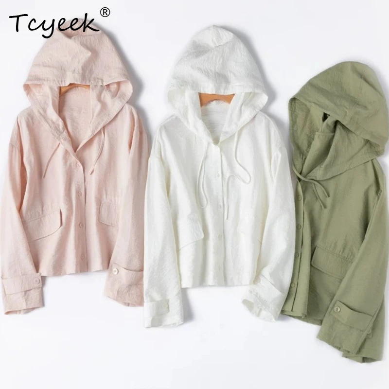 

Tcyeek 76% Real Silk Blouses for Women 2026 Spring Summer Loose Hooded Sun Protection Short Shirt Woman Clothing Рубашка Женская