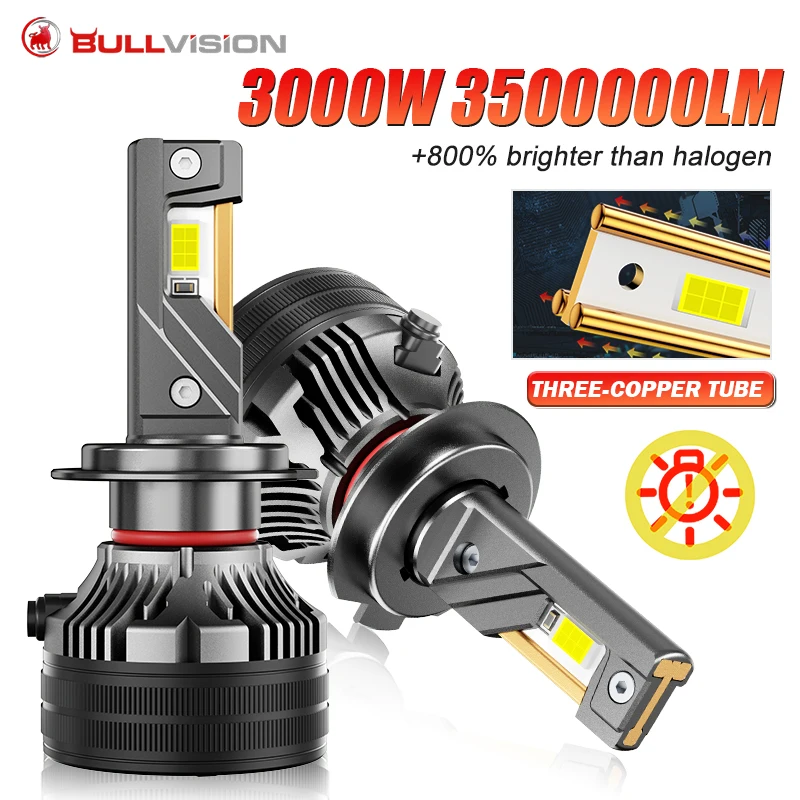 

Светодиодные фары 3000W H7 H4 H11, лампы для фар 3500000LM с 3 медными трубками, светодиодные лампы для автомобиля H1 H8 H9 9005 9006 HB3 HB4 HIR2 12V