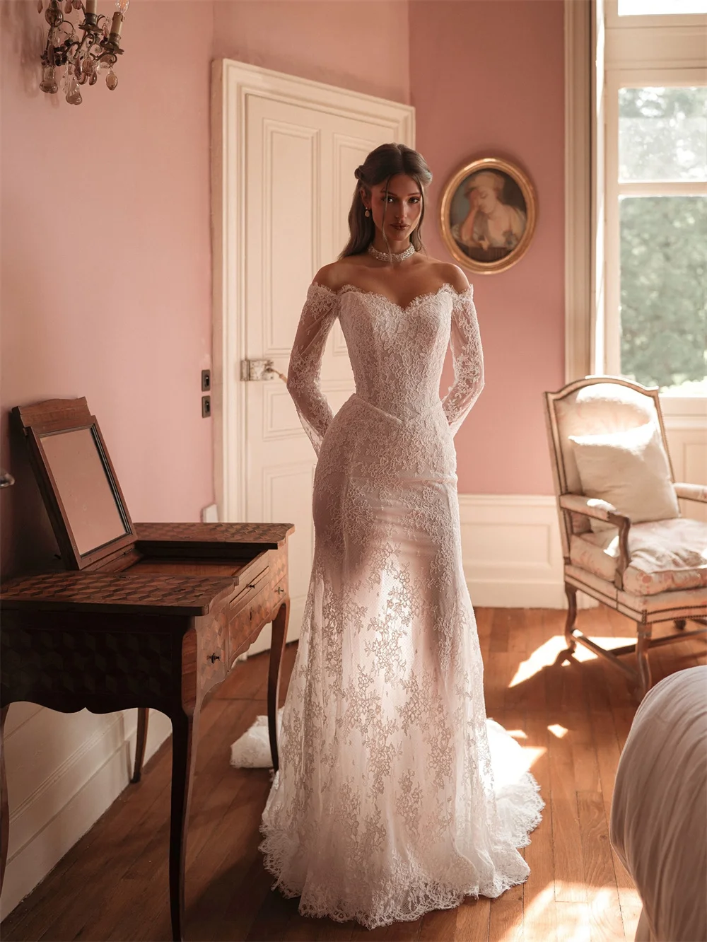 京都カスタマイズされたアイボリーの絶妙なレースマーメイドウェディングドレスオフショルダーロングスリーブvestidos de nocheコートトレインフォーマル