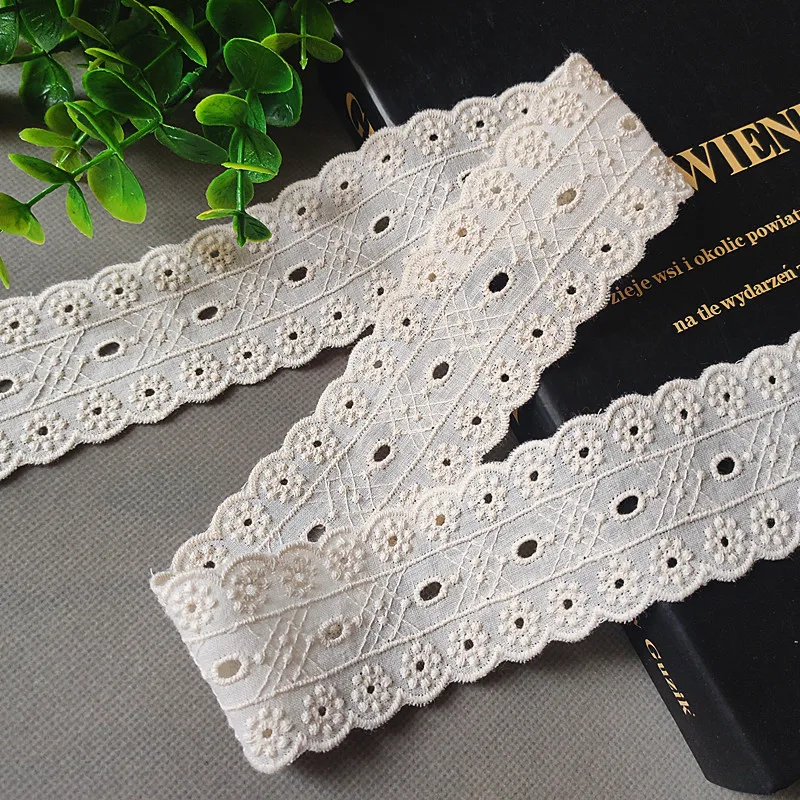 4.5cm wide 4yards/lot Craft Beige/Paper White Pure Cotton Embroidered Lace Trim X929