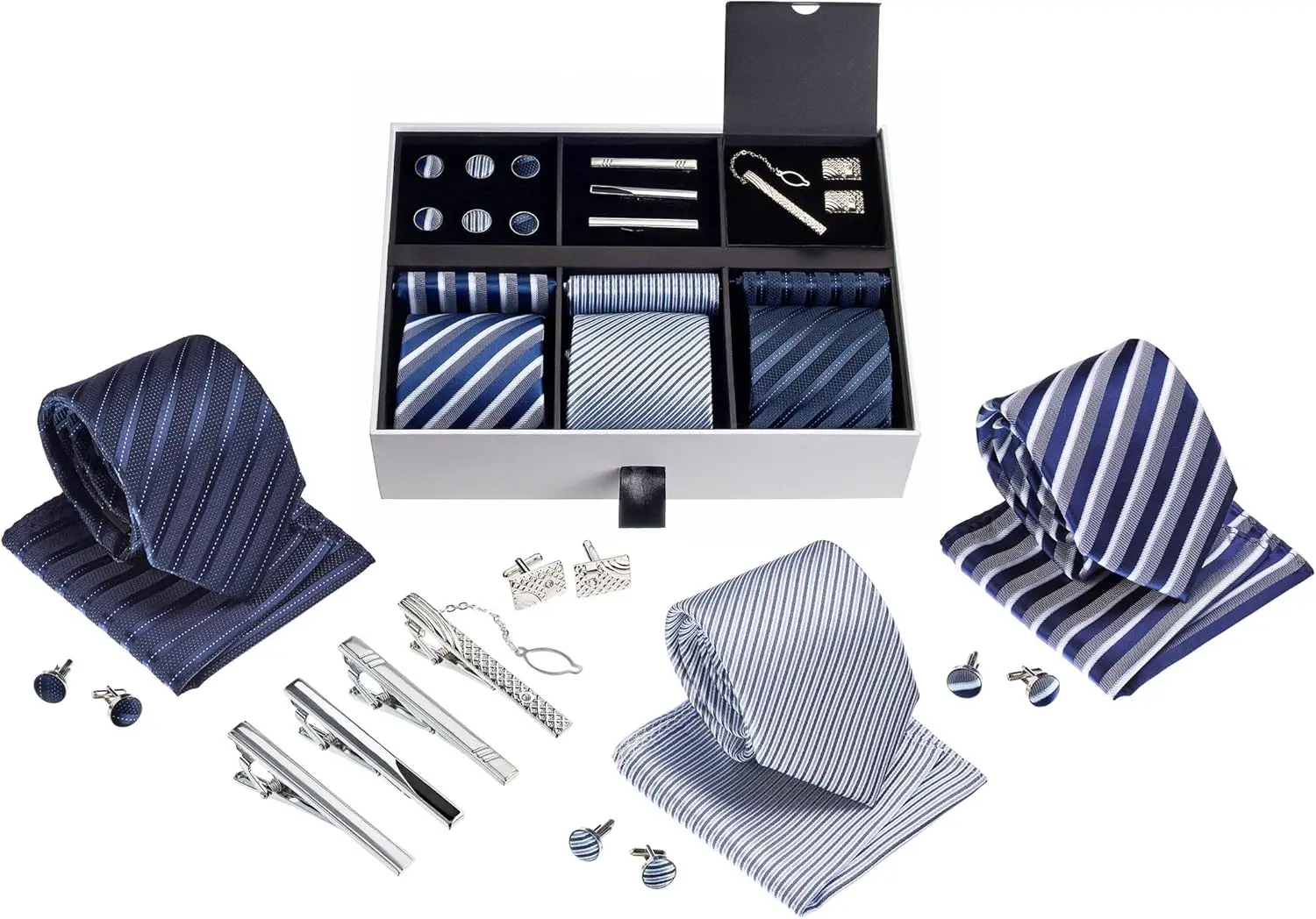 

Luxury Men's Tie Set: Silky Necktie, Pocket Square, Tie Clip & Cufflinks