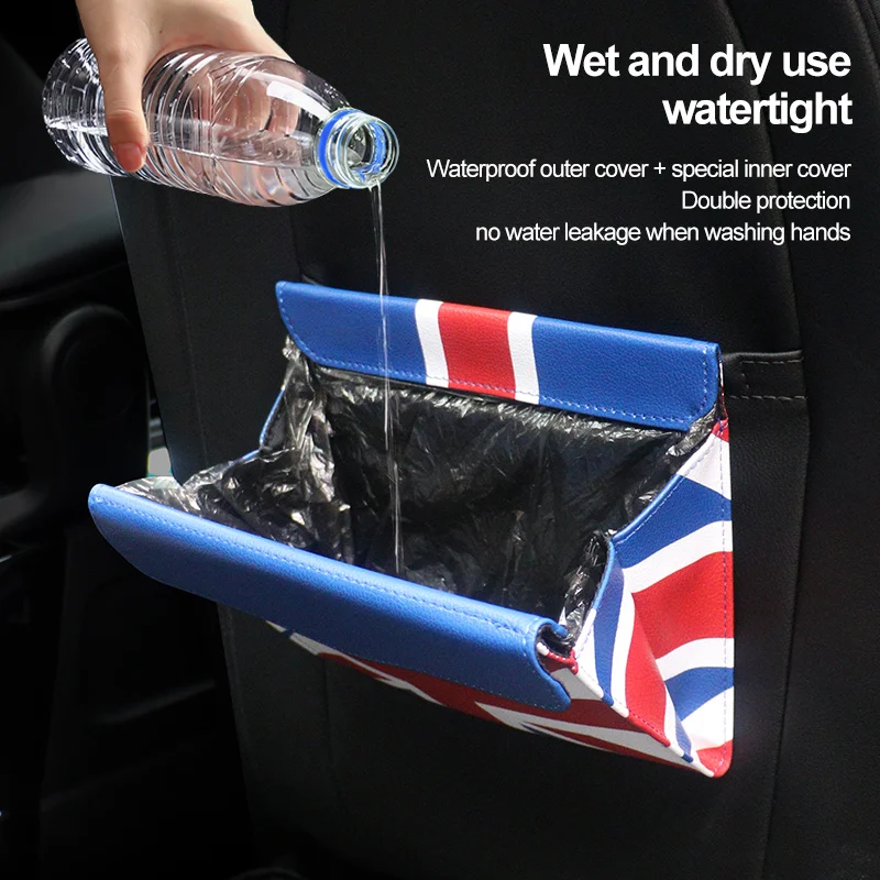 Car Seat Back Hanging Storage Bag PU Leather For BMW Mini COOPER Multifunctional Magnetic Cover Garbage Storage Bag Union Jack