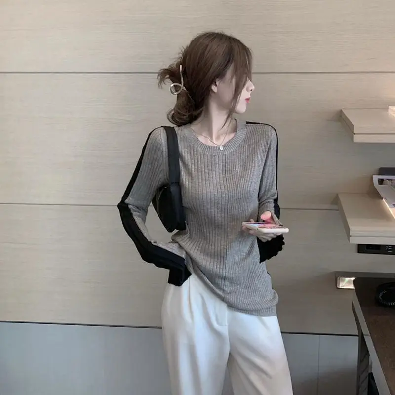 

Trend Contrast Patchwork Youth Pullovers Top Women Clothing Long Sleeve All-match Fashion T Shirts Casual Korean Spring Autumn