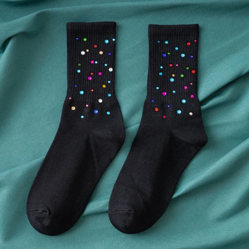 Fashion Glitter Diamond Socks For Women Harajuku Shiny Stockings Autumn Winter Loose Socks Female Lingerie Mid-tube Cotton Socks