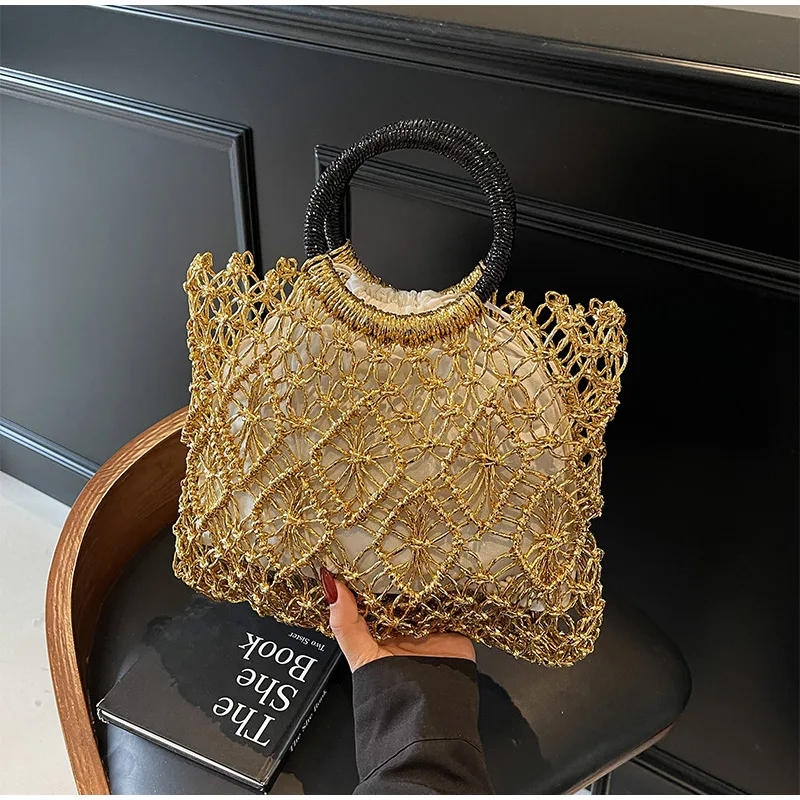 

Fashion Hollow Handbag Light Luxury Woven Bag Elegant Design Ring Handle Women Bag French Exquisite Carved Evening Wedding Bag