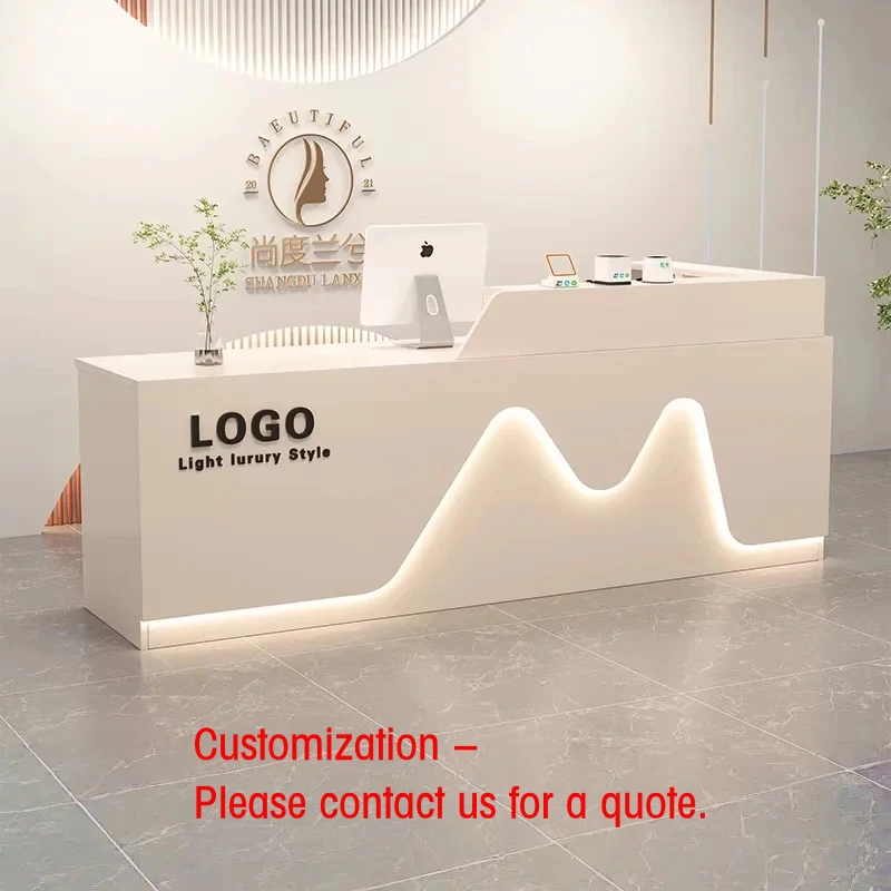 

custom.Modern Custom Reception Desk Beauty Salon Spa Gym-White Curved Wooden Design LED Lighting Heavy Duty Sol