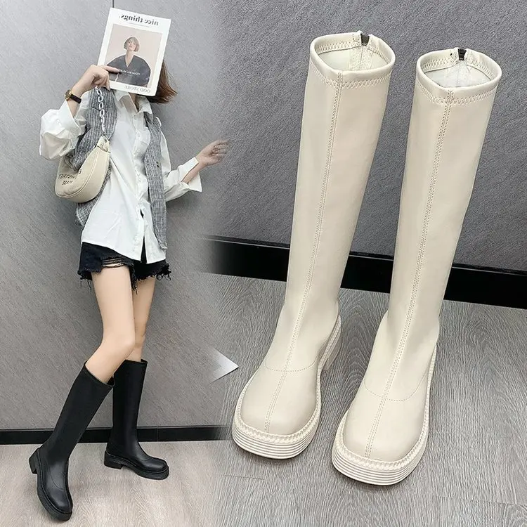 2023 Winter Fashion Women Thigh High Long Flat Boots Beige Low Heels Knee High Boots Soft Leather Square Toe Boots Party Shoes