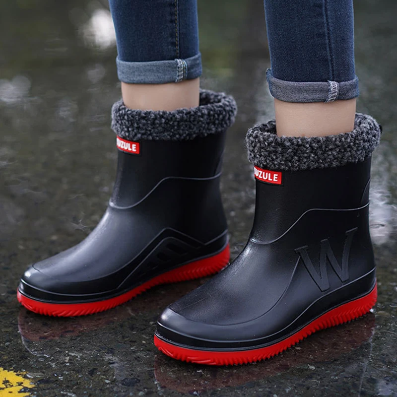 Mid-tube Fashionable Rain Boots Large Size For Men Women Kitchen Work Fishing Rain Boots Car Wash Water Shoes Rubber Overshoes