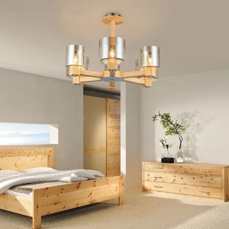 Simple Creative Oak Wood 4/6/8 Heads Pendant Lights for Home Living Room Hanging Lamps Hanglamp Luminaire Suspendu Fixtures